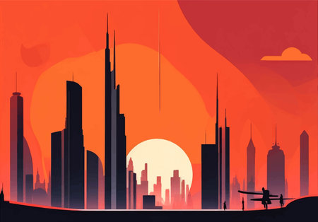 abstract cityscape with sun and skyscrapers, vector illustrationのイラスト素材