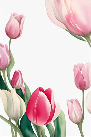 Pink and white tulips on a white background with space for textのイラスト素材