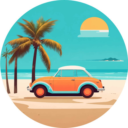 Retro car on the beach with palm trees. Vector illustration.のイラスト素材