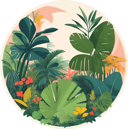 Illustration of a Tropical Landscape with Palm Trees, Flowers and Plantsのイラスト素材