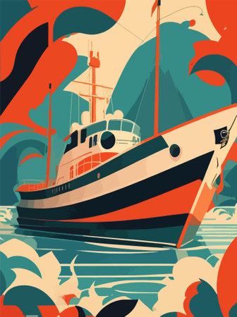 Fishing boat on the sea. Vector illustration in flat style.のイラスト素材
