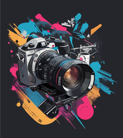 Vector illustration of a professional camera on a background of colored blots