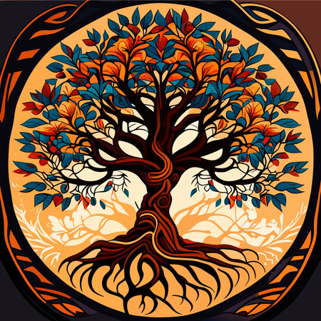 Illustration of a stylized tree in a circle with autumn leavesのイラスト素材