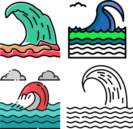 Set of different sea waves in doodle style. Vector illustrationのイラスト素材