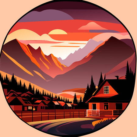 Vector illustration of a village in the mountains at sunset. Cartoon style.のイラスト素材