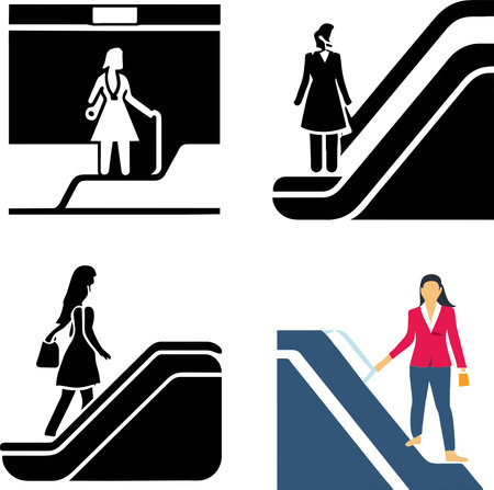 woman on escalator icons set isolated on white background, vector illustrationのイラスト素材
