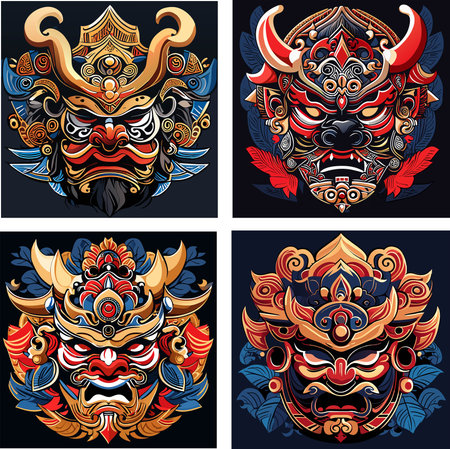 Vector set of colorful tribal masks on dark background. Vector illustration.のイラスト素材