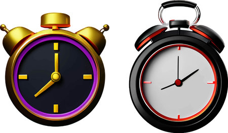 Illustration of a set of black and gold alarm clocks on a white background