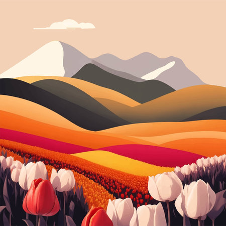 Tulip field with mountains in the background. Vector illustration.のイラスト素材