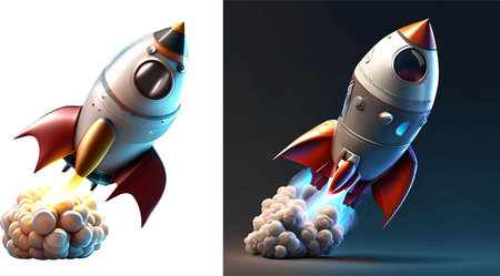 Space rocket and spaceship on a white background. 3d illustration.