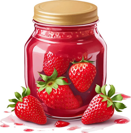 Strawberry jam in a glass jar isolated on white background.のイラスト素材