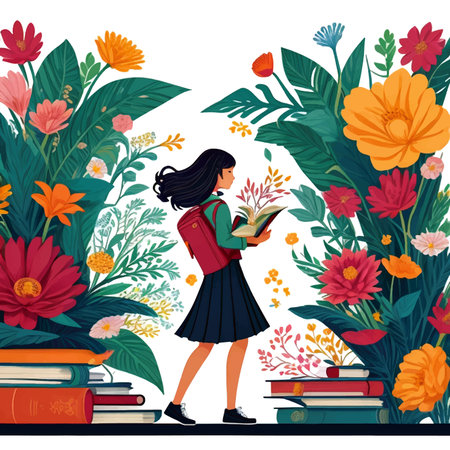 Vector illustration of a girl with a book in her hands among flowers.のイラスト素材
