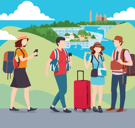 Tourists with backpacks walking on the road. Vector flat illustrationのイラスト素材
