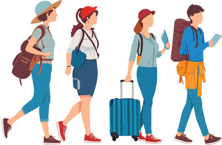 Set of tourists with travel bags and backpacks. Vector illustration.のイラスト素材