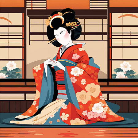 Illustration of a Japanese geisha in a traditional kimonoのイラスト素材