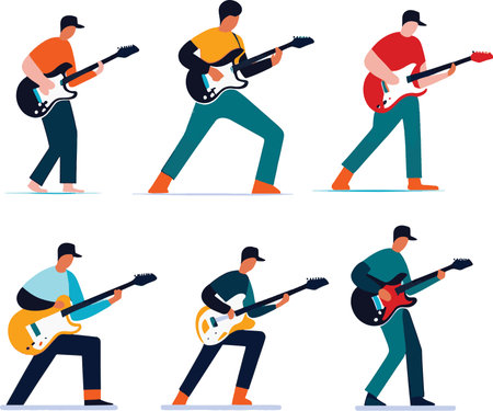 Set of vector illustrations of people playing electric guitar. Flat style design.のイラスト素材