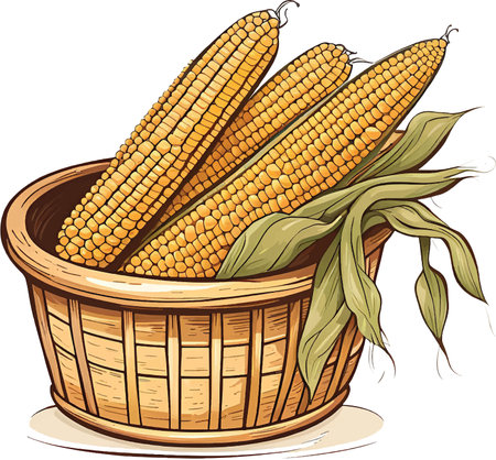 Basket with corn cobs on a white background. Vector illustrationのイラスト素材