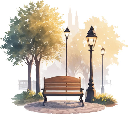 Wooden bench in the park under the trees. Watercolor illustrationのイラスト素材