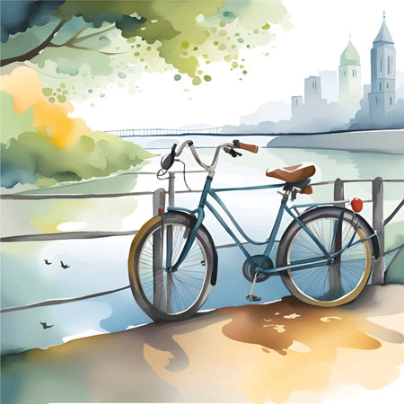 Bicycle on the embankment of the river, vector illustrationのイラスト素材