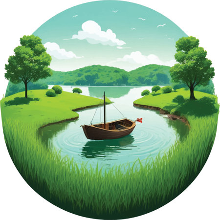 Beautiful landscape with a boat on the river. Vector illustration.のイラスト素材