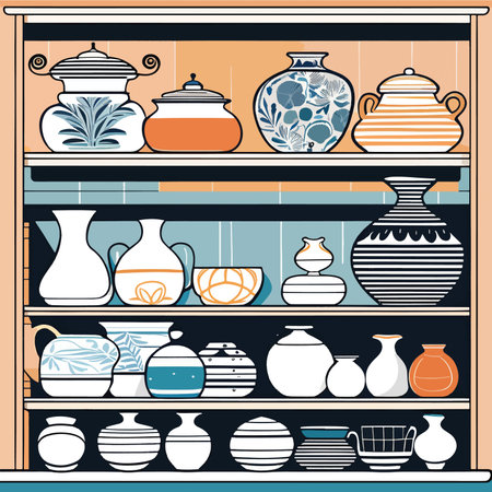 Kitchen shelves with kitchenware. Vector illustration in flat style.のイラスト素材