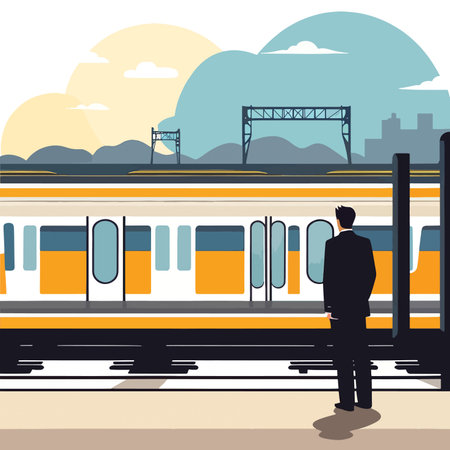 Businessman looking at train station. Vector illustration in flat style.のイラスト素材