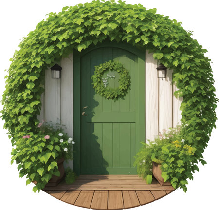 Green door with ivy on white background. 3D rendering.のイラスト素材