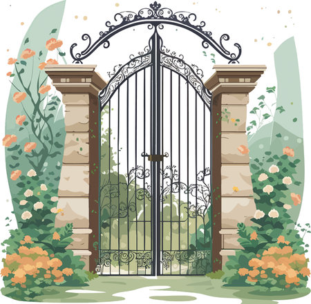 Illustration of a Vintage Garden Gate with Flowers in the Background - Vectorのイラスト素材