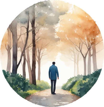 Man walking on the road in the forest. Watercolor illustration.のイラスト素材