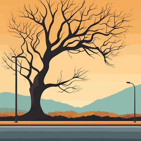 Vector illustration of a bare tree on the background of the river and mountainsのイラスト素材