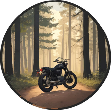 Motorcycle in the forest. Vector illustration of a vintage motorcycle.のイラスト素材