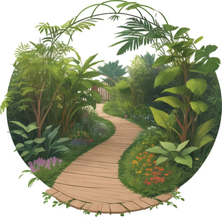 Illustration of a Wooden Path in a Garden with Plants and Flowersのイラスト素材