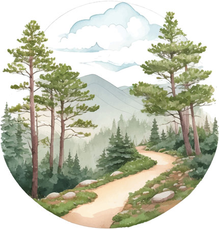 Pine trees and path in the mountains. Watercolor illustration.のイラスト素材
