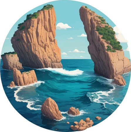 Illustration of a cliff in the middle of the sea, surrounded by cloudsのイラスト素材
