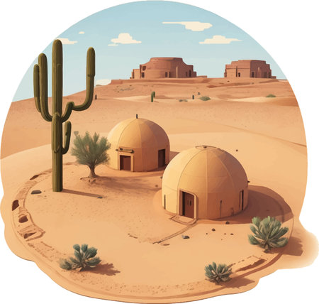 Oasis in the desert with cactuses. Vector illustration.のイラスト素材