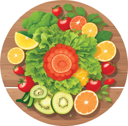Fresh fruits and vegetables on wooden table. Top view. Vector illustration.のイラスト素材