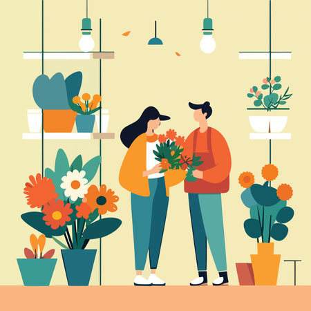 Flower shop. Florist man and woman in flower shop. Vector illustrationのイラスト素材