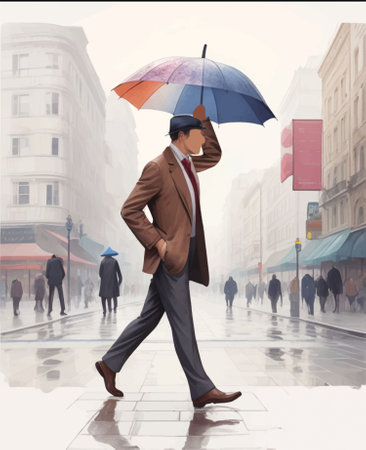Businessman with umbrella walking on the street. Concept of business.のイラスト素材