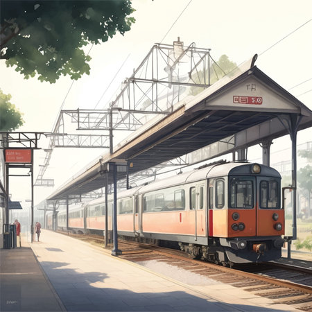 Train on the platform of the railway station in the morning. 3d renderingのイラスト素材