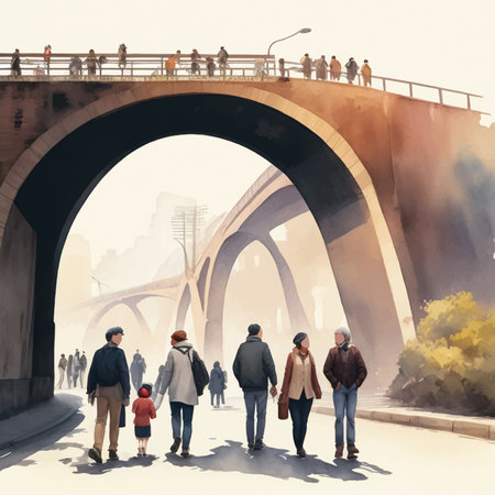 Digital painting of a group of people walking under a bridge in the cityのイラスト素材