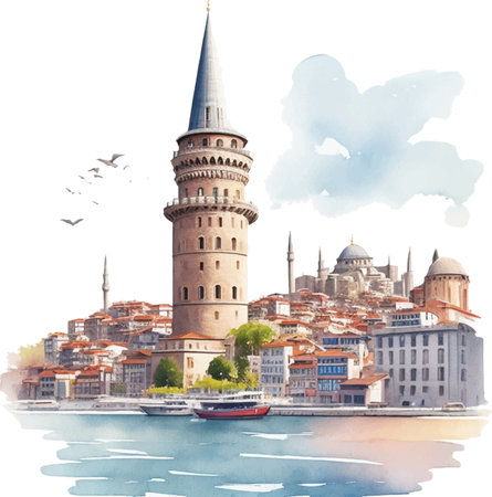 Watercolor illustration of Galata Tower in Istanbul, Turkey. Travel background.のイラスト素材