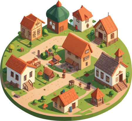 Isometric village with houses and trees. Vector illustration in a flat style.のイラスト素材