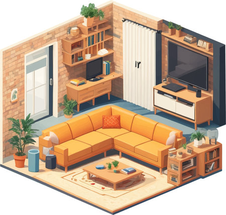 Living room isometric composition with furniture and living room elements vector illustrationのイラスト素材