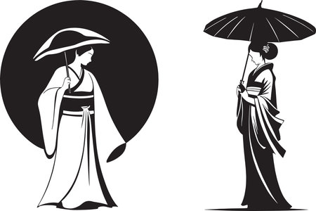 Japanese women with umbrellas.Vector illustration ready for vinyl cutting.のイラスト素材