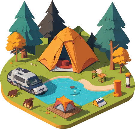 Camping isometric vector illustration. Camping in the forest.のイラスト素材
