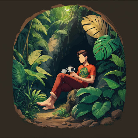 Young man sitting in the jungle and drinking coffee. Vector illustration.のイラスト素材
