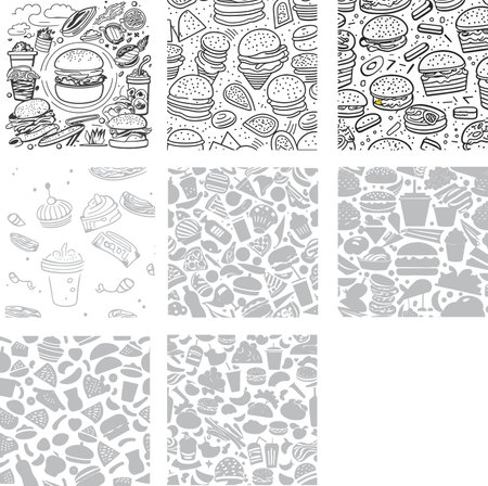 Seamless pattern with fast food. Hand drawn vector illustration.のイラスト素材