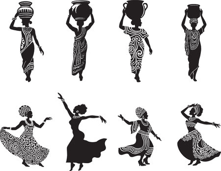 Collection of black silhouettes of beautiful African women in traditional clothes.のイラスト素材