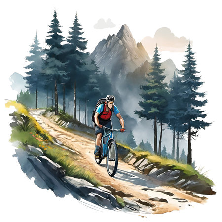 Cyclist on the road in the mountains. Watercolor illustrationのイラスト素材