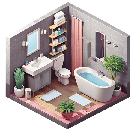 Bathroom interior with bathtub and toilet, isometric viewのイラスト素材
